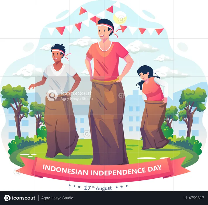 People participating in Sack Race Competition on Indonesian Independence Day  Illustration
