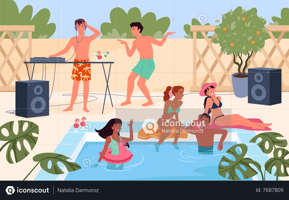 People partying at backyard swimming pool  Illustration