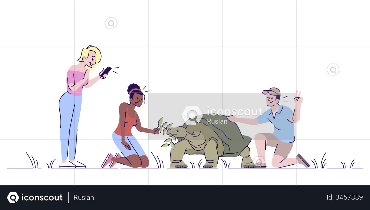 People photographing with big turtle  Illustration