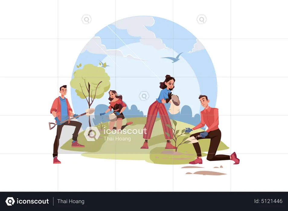 People Planting Trees Around The Globe  Illustration