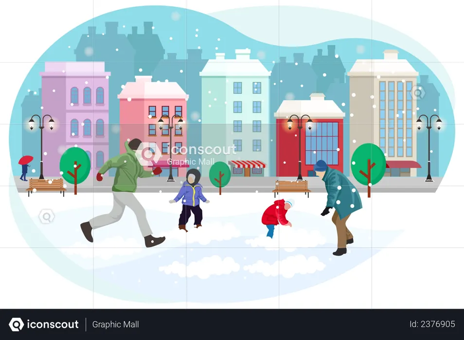 People playing in snowfall  Illustration