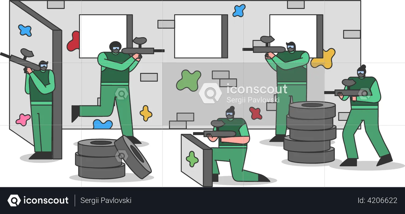 People playing paintball game  Illustration
