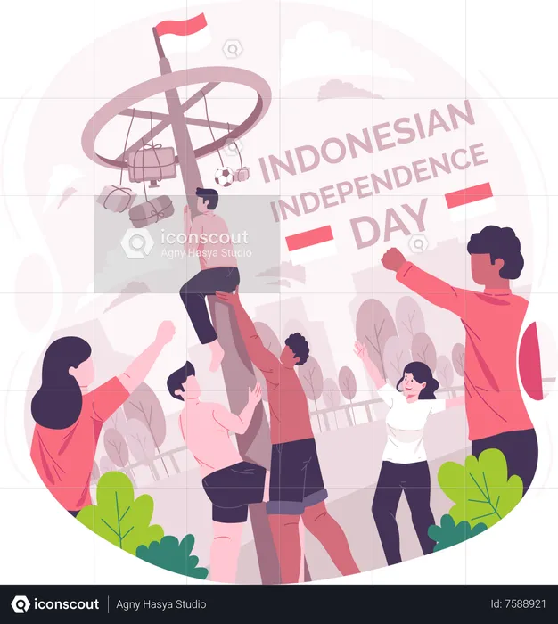 People playing Panjat pinang or pole climbing game competition on Indonesia Independence Day  Illustration