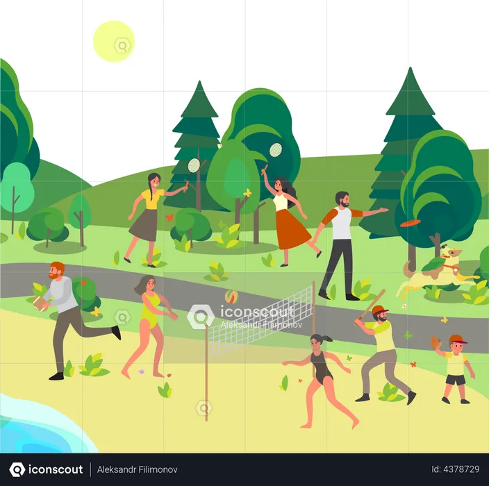 People playing sport game in garden  Illustration