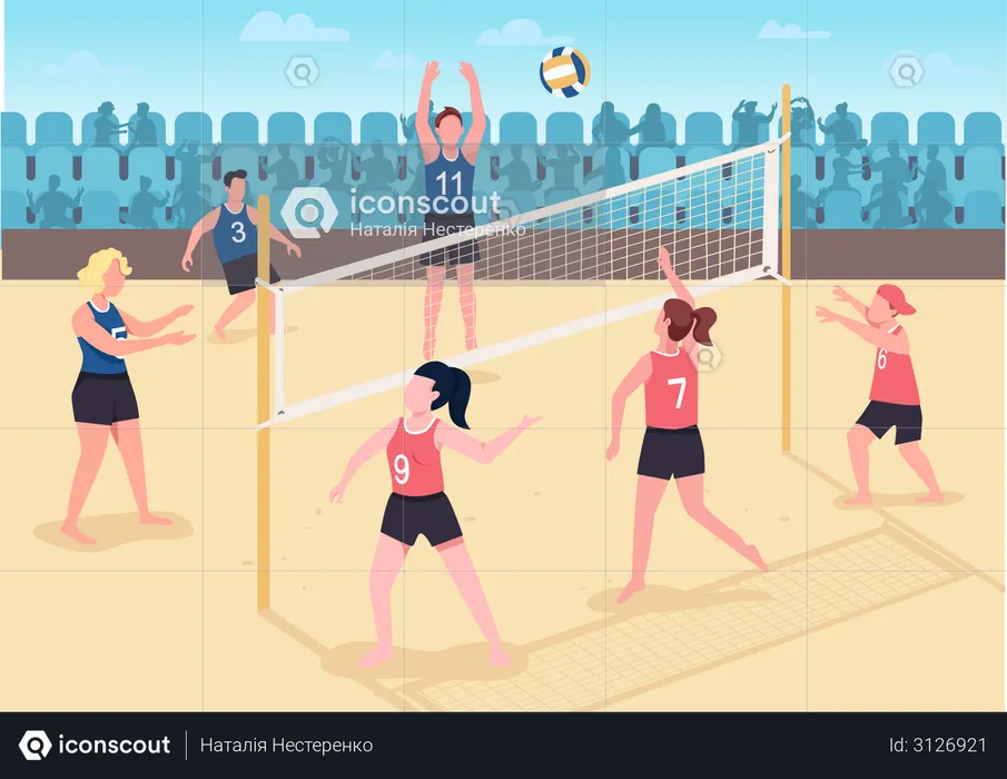 People playing volleyball on beach  Illustration