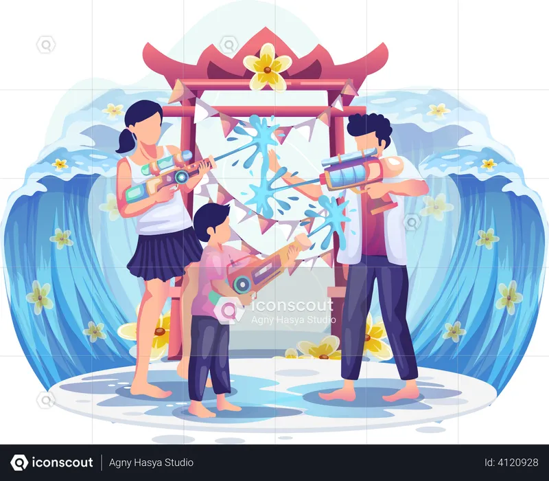 People playing water gun in Songkran festival  Illustration