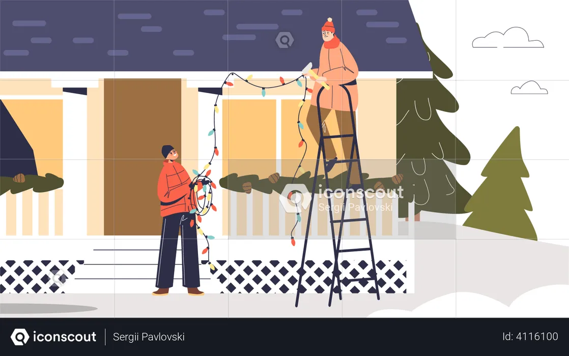 People prepare for Christmas decorating house roof with garland light  Illustration