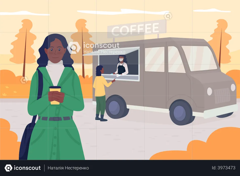 People purchasing coffee from coffee truck  Illustration