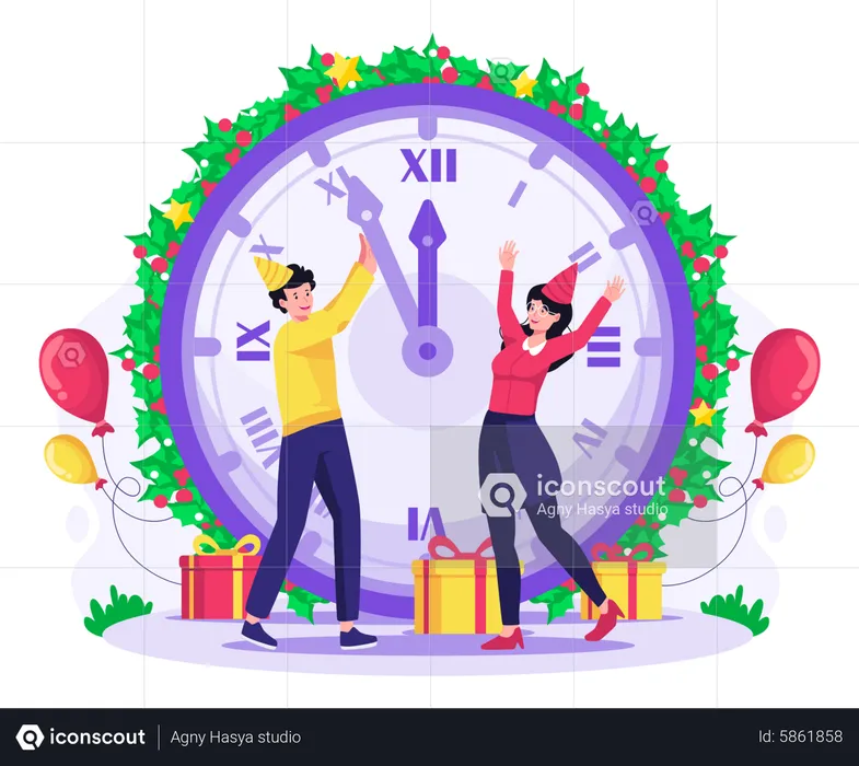 People Pushing Minutes Of Giant Clock To Head Into New Year  Illustration
