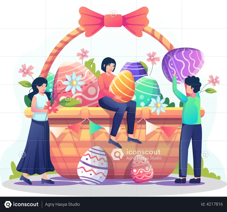 People putting eggs and flowers into the giant basket for the Easter day celebration  Illustration