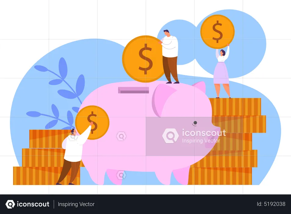 People putting money in piggy bank  Illustration