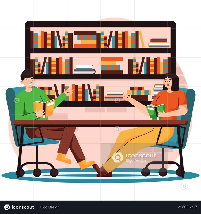 People Reading Book In Library  Illustration