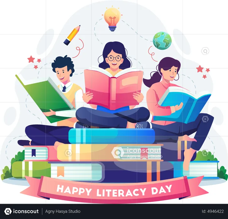 People reading books to celebrate Literacy Day  Illustration