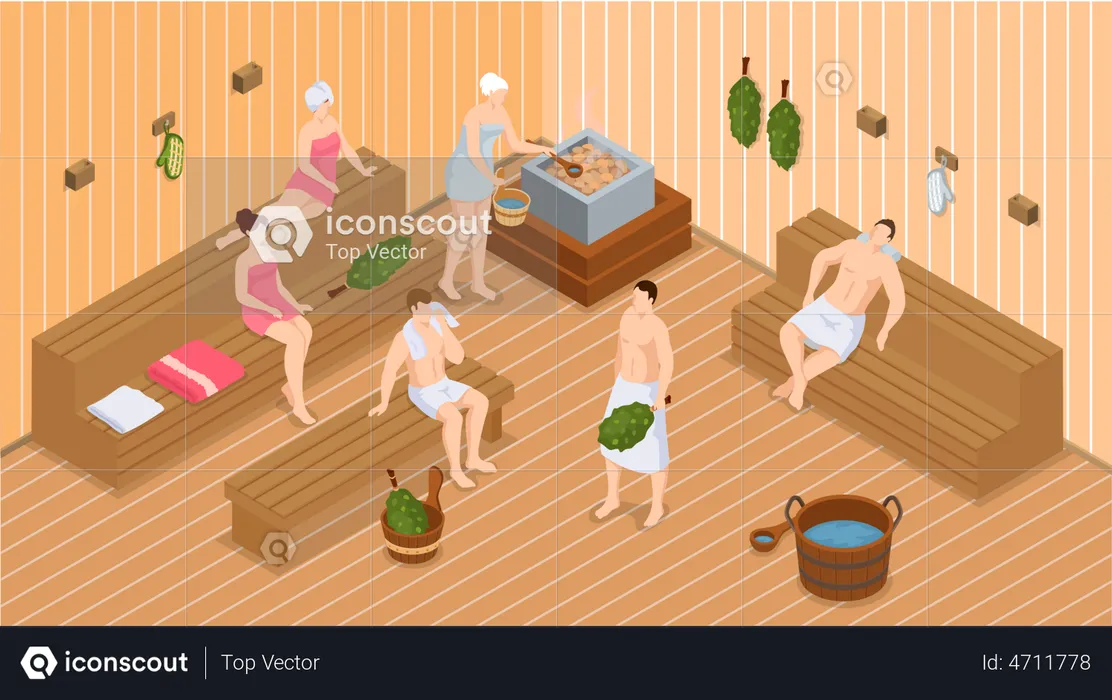 People relax and steam with birch brooms  Illustration