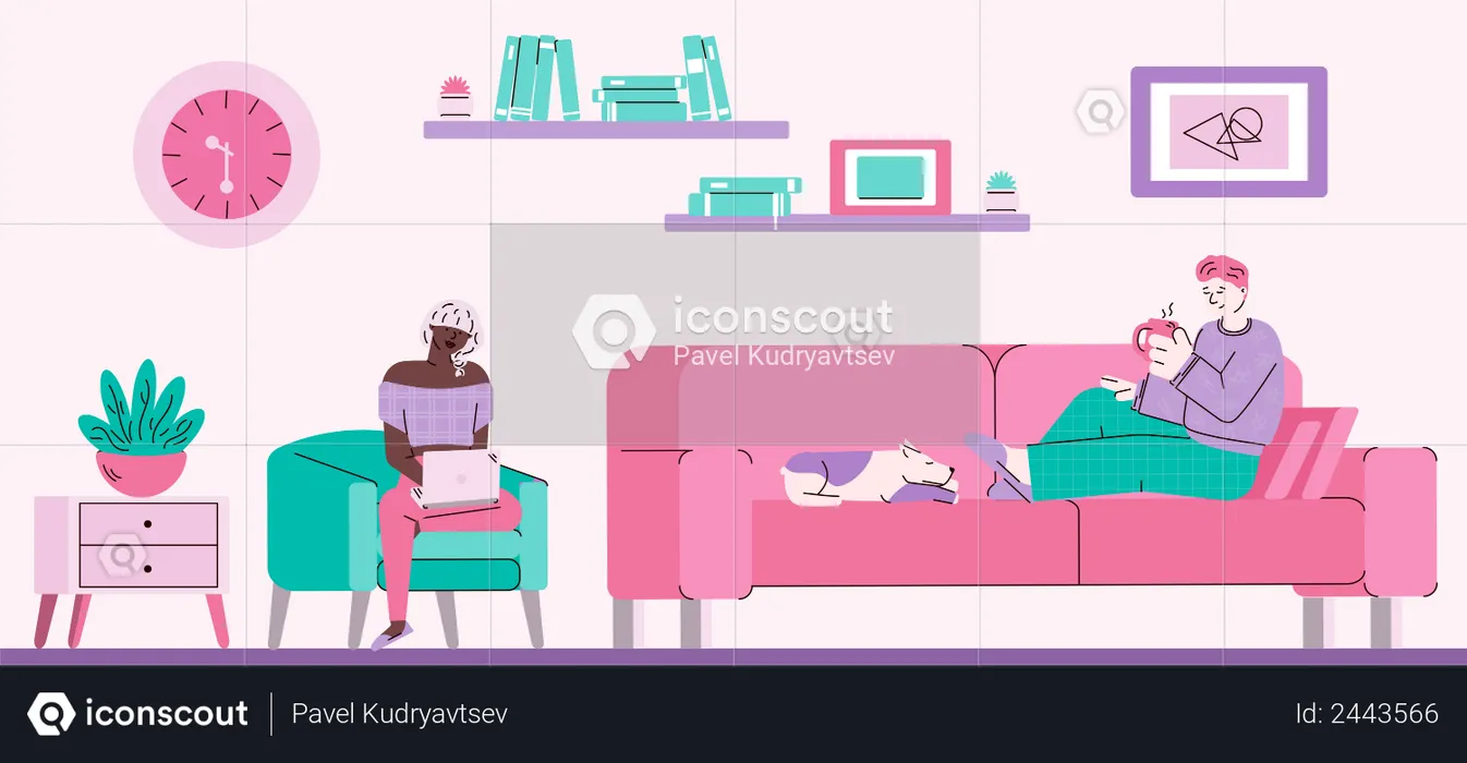 People relaxing in cozy living room with tea, dog and laptop  Illustration