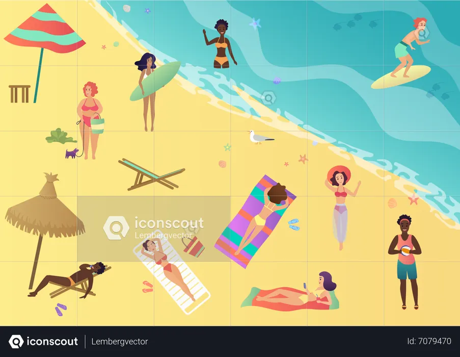 People relaxing on beach  Illustration