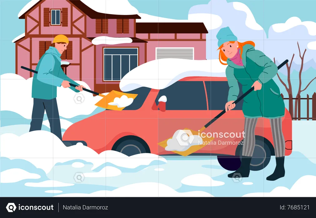 People removing snow from road  Illustration