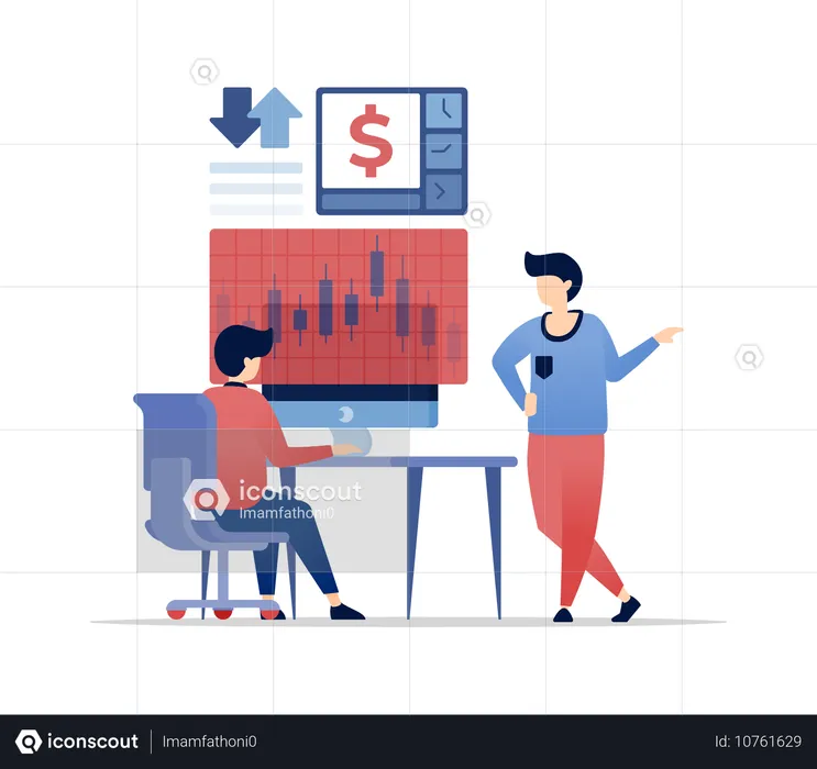 People reviewing and discussing investment stocks and banking strategies at work desks  Illustration