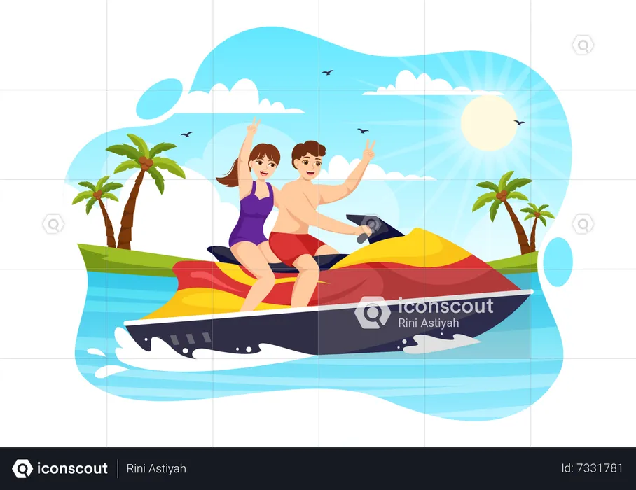 People Ride Jet Ski Illustration  Illustration