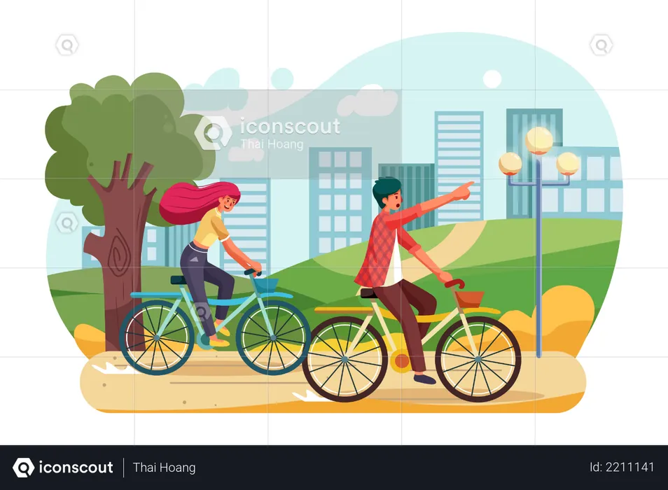 People riding a bike in the park  Illustration