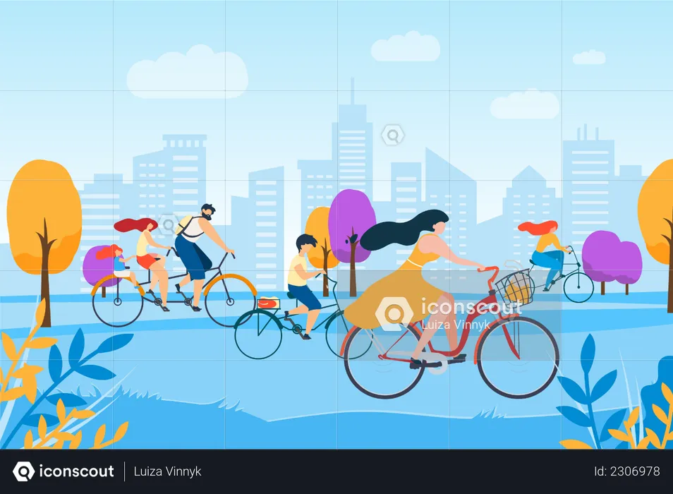 People riding bicycles on street  Illustration