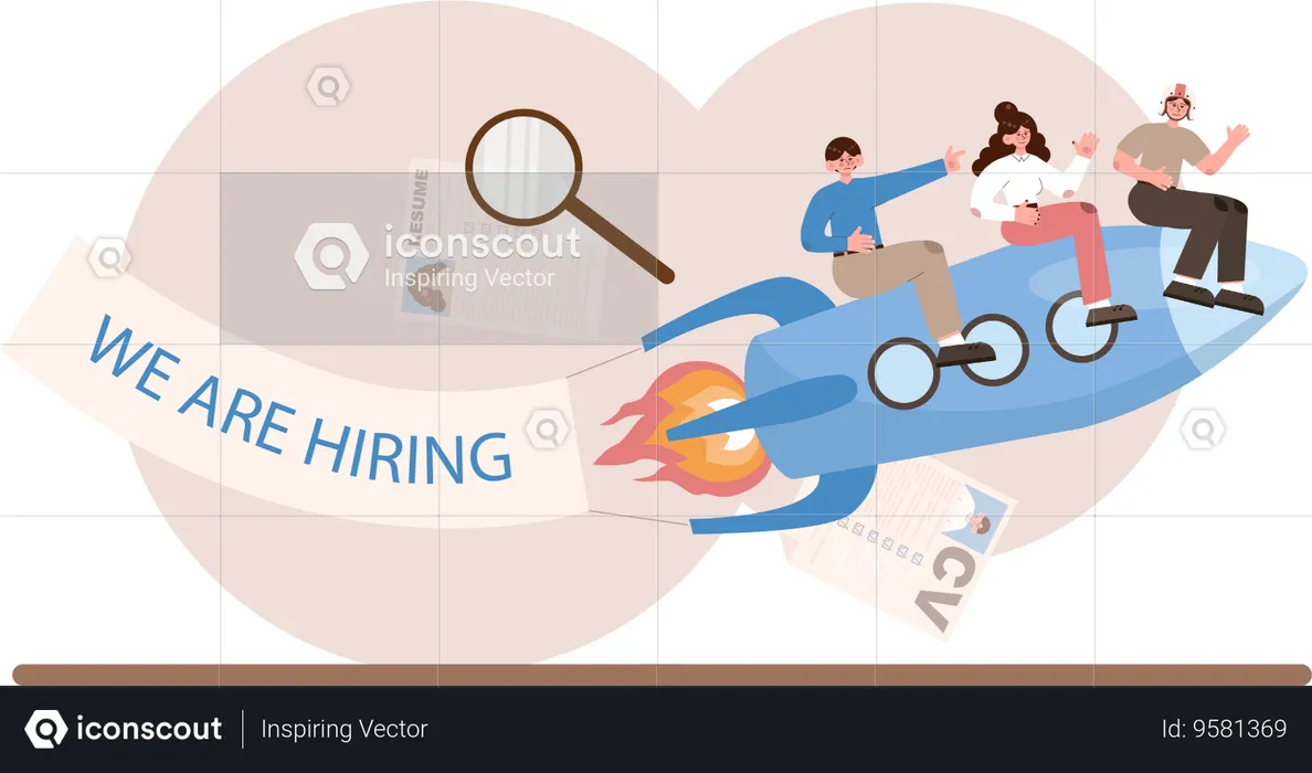 People riding on rocket while showing we are hiring banner  Illustration