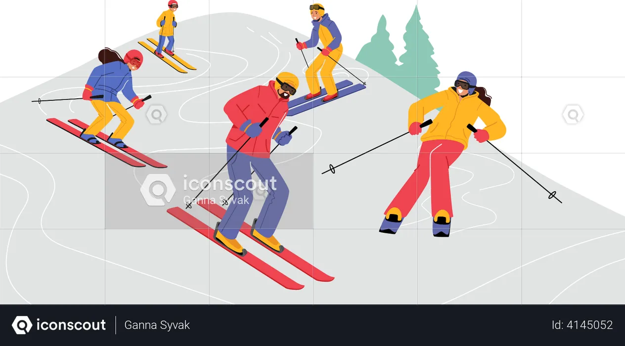 People riding skis  Illustration
