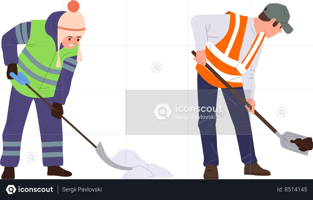 People road worker working with shovel digging ground and cleaning snow  Illustration