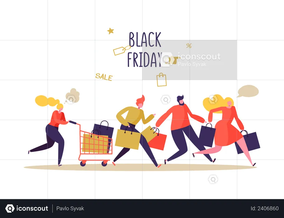 People running for Black Friday Sale shopping  Illustration