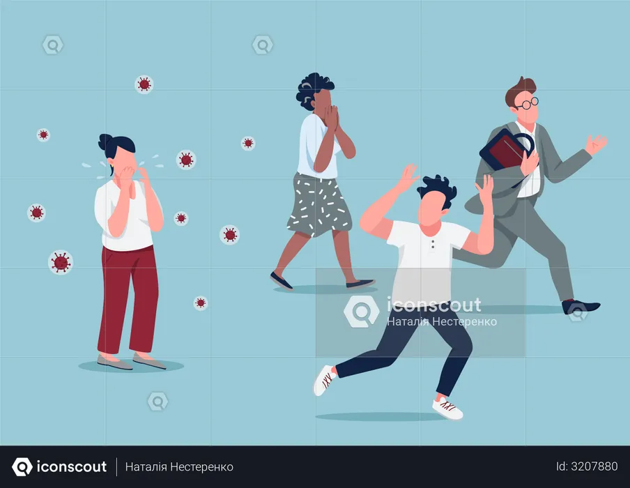 People running from contagious person in panic  Illustration