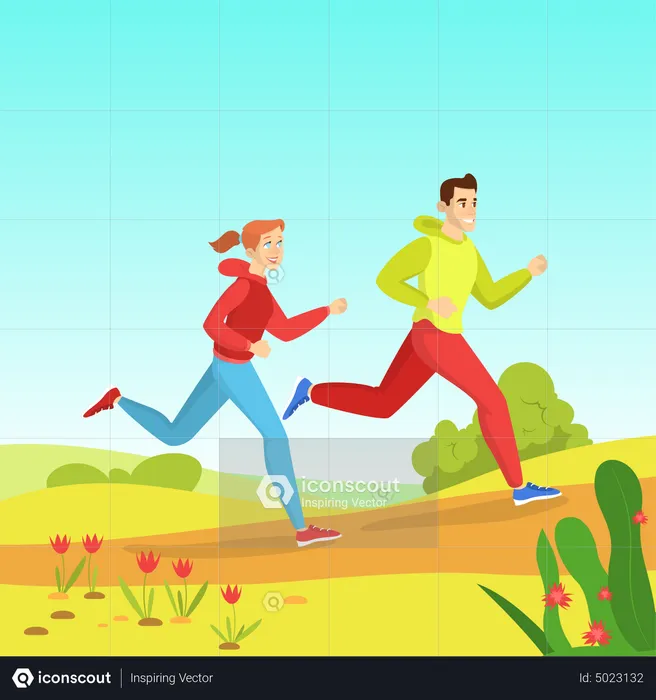 People running in park in spring  Illustration