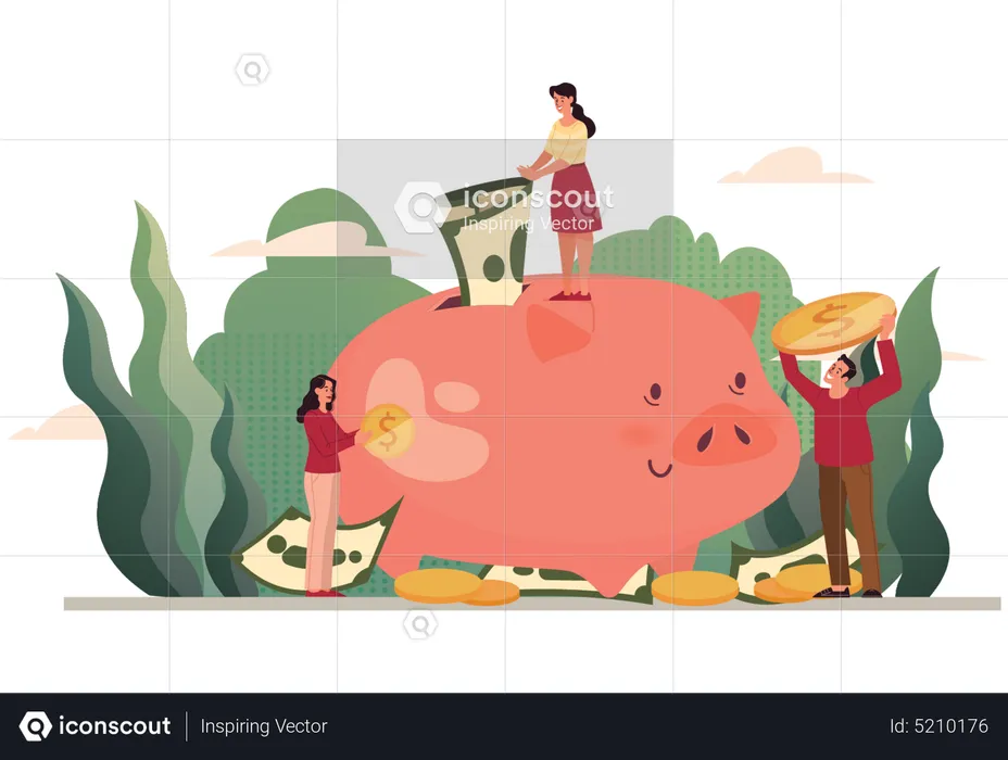 People Saving Money in piggy bank  Illustration