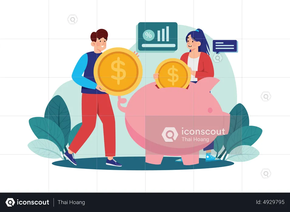 People saving money in the piggy bank  Illustration