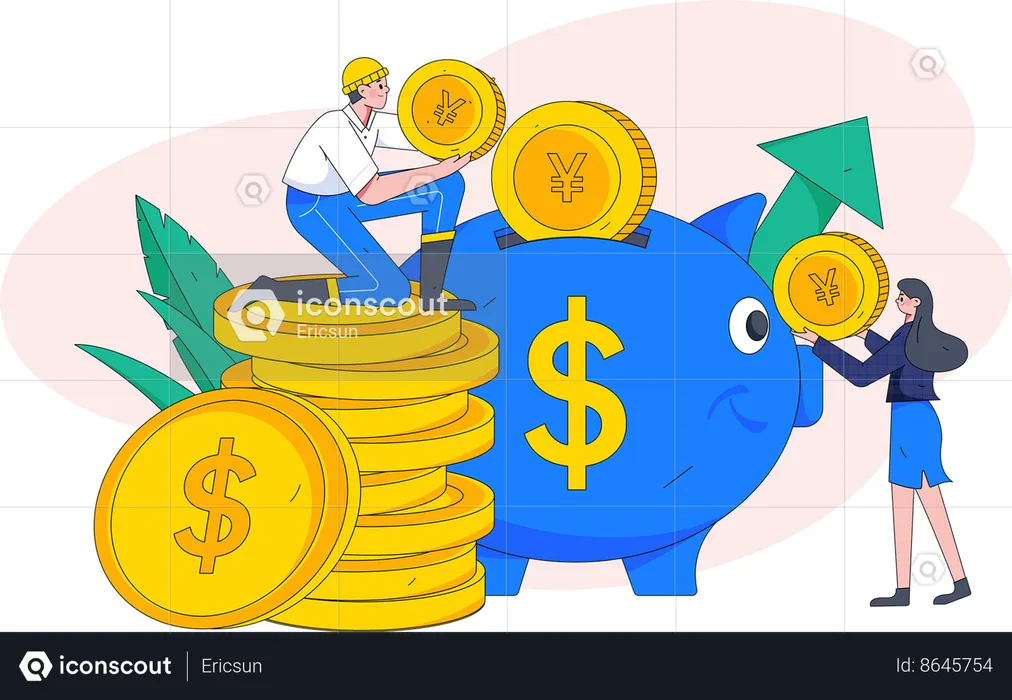 People saving their money in piggy bank  Illustration