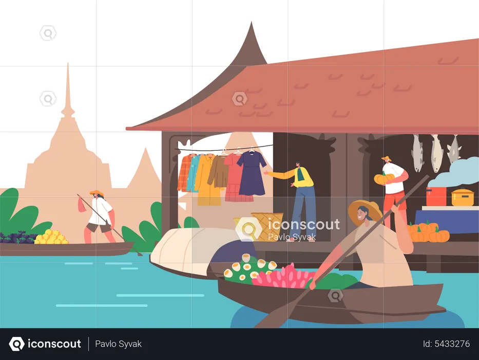 People Sell and Buy Goods on Floating Market in Thailand  Illustration