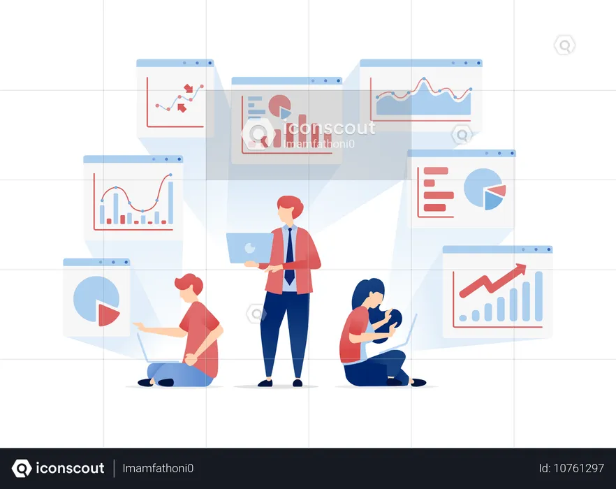 People Share and Review Financial Portfolios Discussing Past Data and Planning for Future Achievements  Illustration