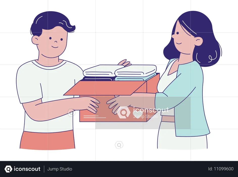 People Sharing Box of Clothes  Illustration