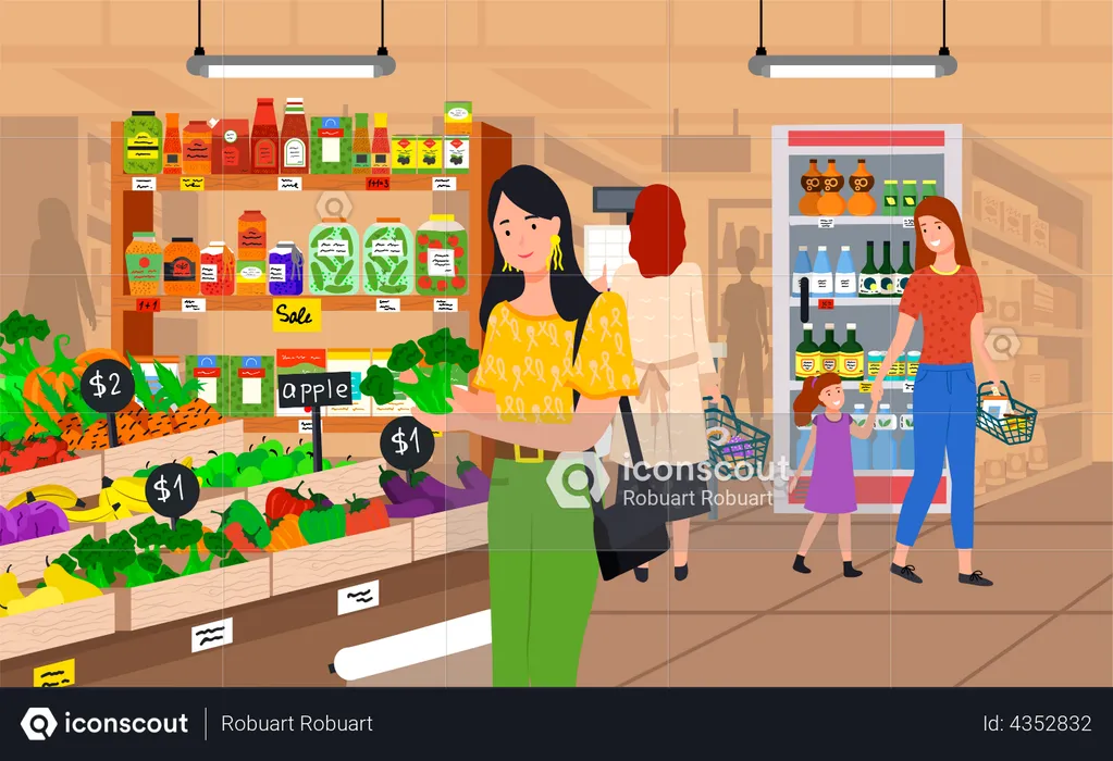 People shopping at grocery store  Illustration