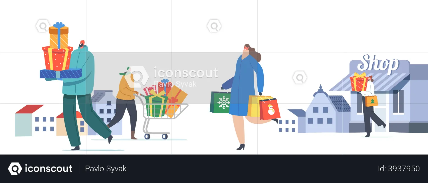 People Shopping For Christmas  Illustration