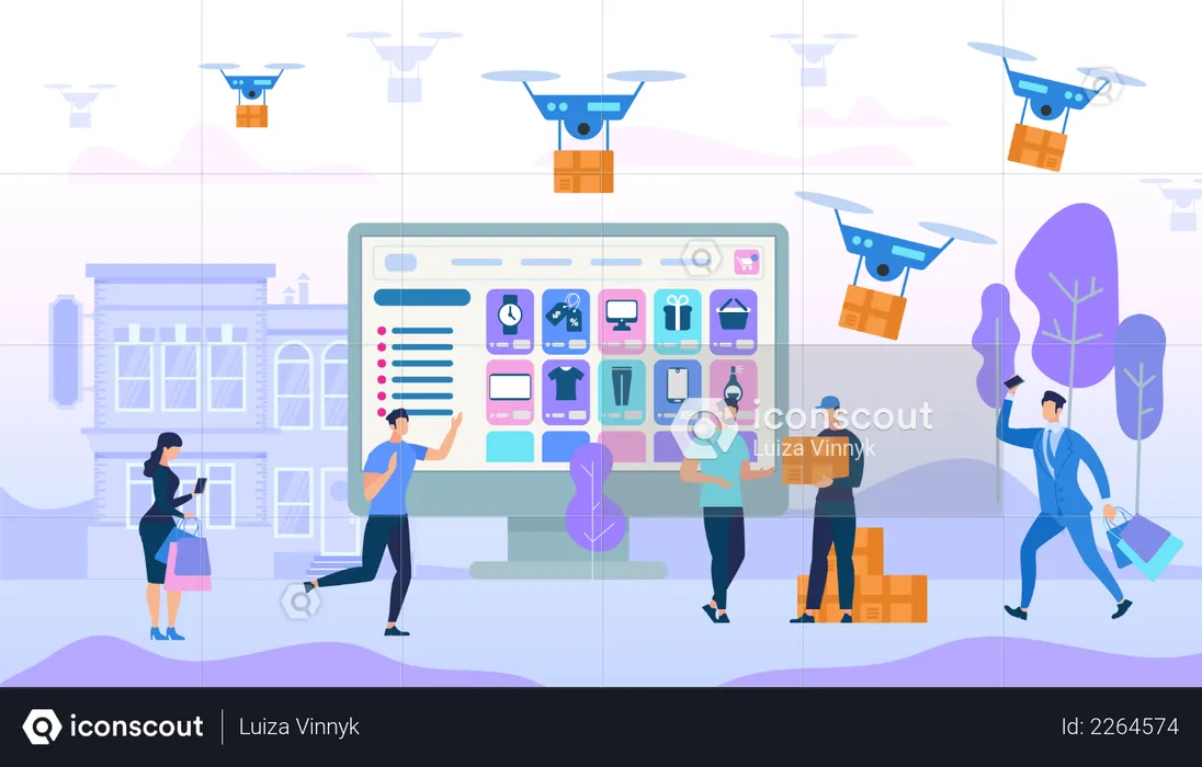 People Shopping purchase and drone delivery on social platform  Illustration