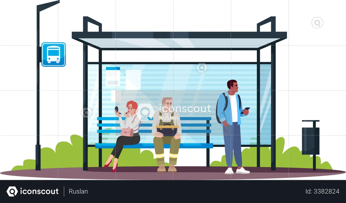 People sitting at bus station  Illustration