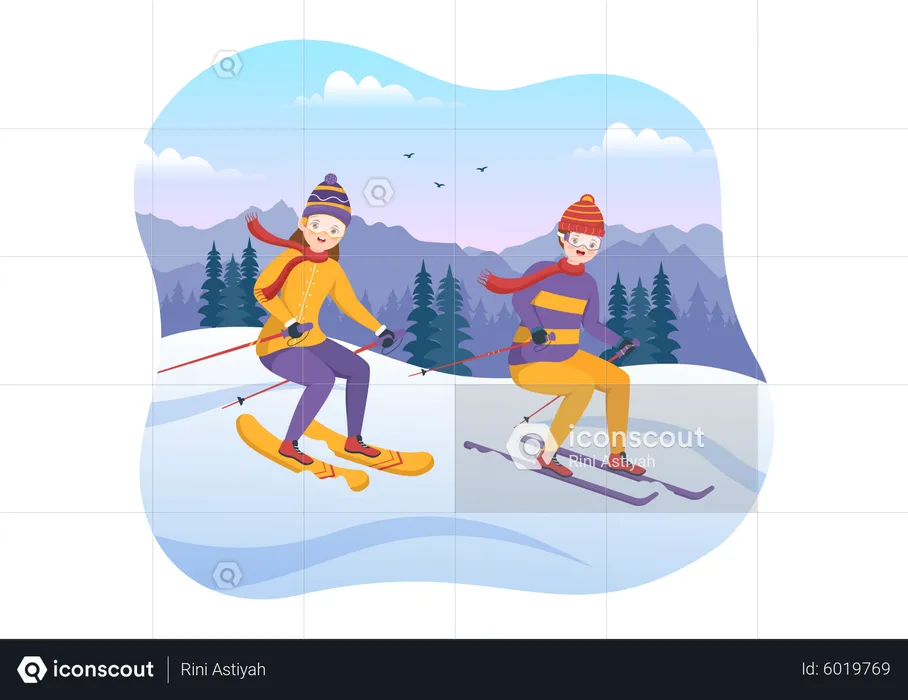 People ski downhill  Illustration