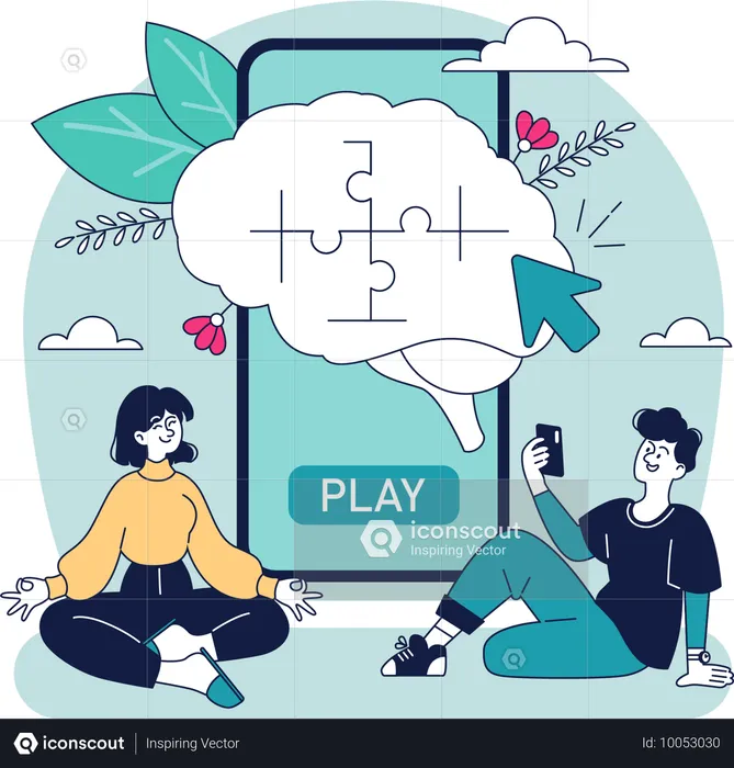 People solving puzzle in mobile app  Illustration