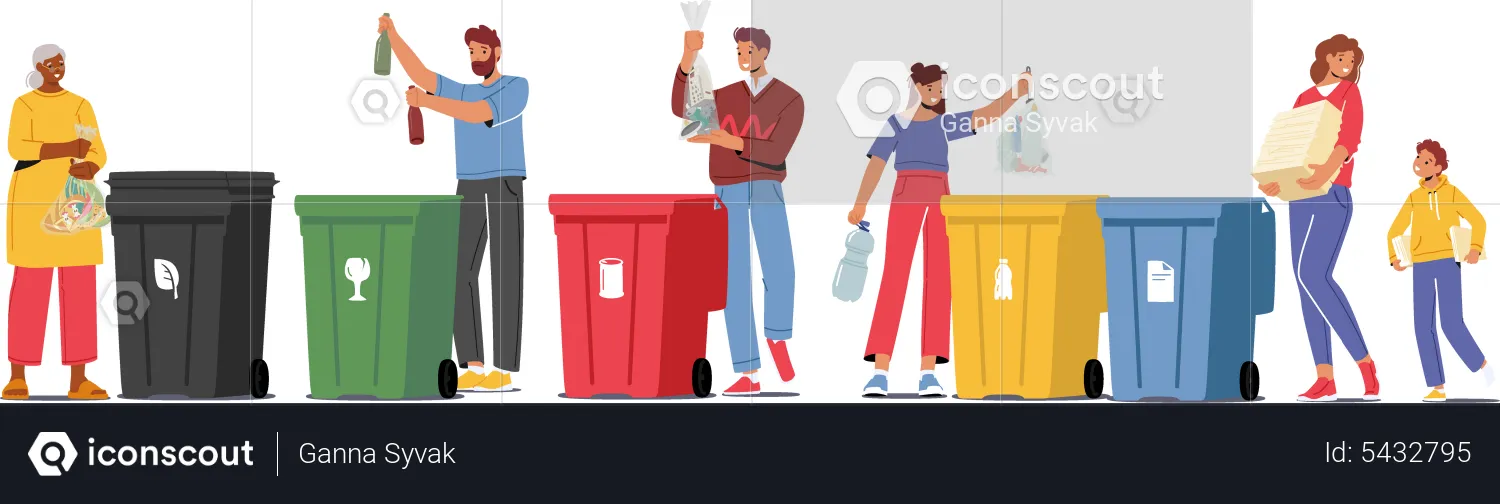 People Sorting Garbage Into Different Containers For Separation  Illustration