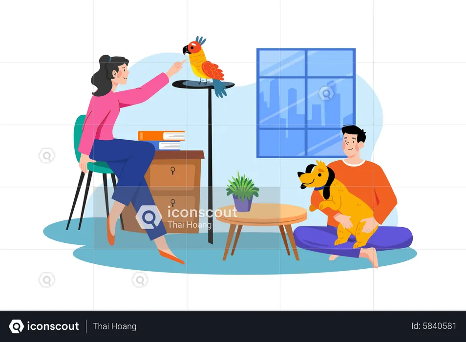 People spending time with pet  Illustration