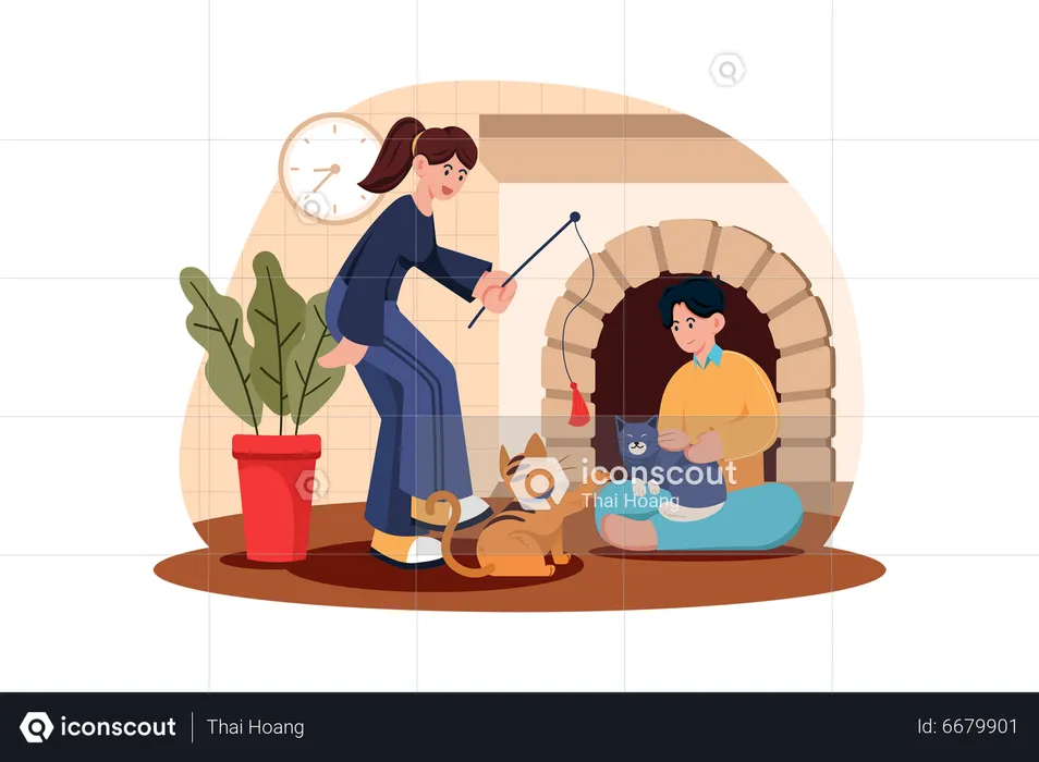 People Spending Time With Pet  Illustration