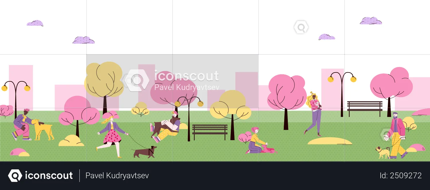 People spending time with their pet in park  Illustration