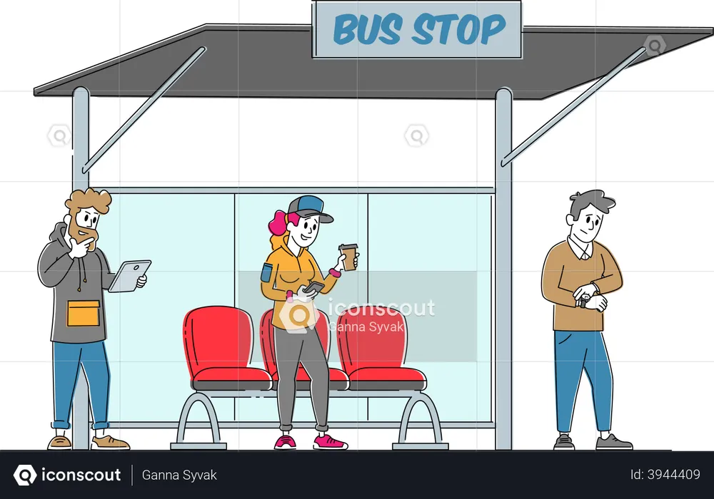 People Stand on Bus Station  Illustration