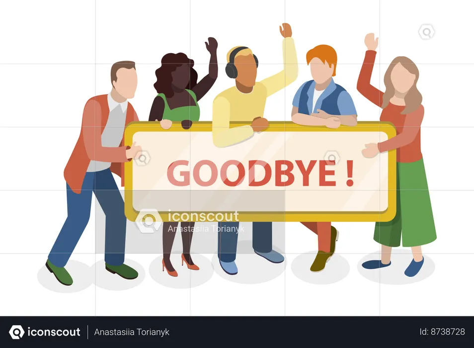 People standing and holding Goodbye banner  Illustration