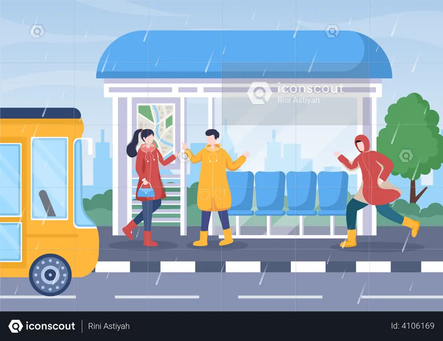 People standing at bus stand  Illustration
